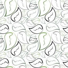 Green leaves background. Seamless doodle pattern. Hand-drawn green leaves on the white background. Wallpaper pattern.