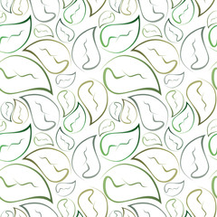 Green leaves background. Seamless doodle pattern. Hand-drawn green leaves on the white background. Wallpaper pattern.