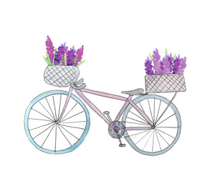 bike with flowers in the basket. watercolor illustration for design and decoration of cards, posters and invitations