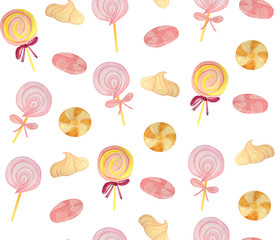 pattern with marshmallows, meringues and caramels on a white background, watercolor illustration for design of textiles, posters, packaging