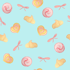 pattern with marshmallows, meringues and bows on a blue background, watercolor illustration for design of textiles, posters, packaging