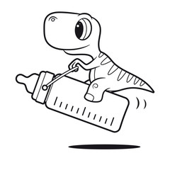 Vector line picture baby dinosaur riding on baby milk bottle. Text - Baby on board. Isolated white background.