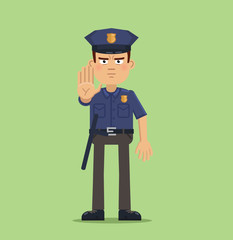 Illustration of a policeman showing stop hand gesture. Confident police officer isolated on abstract background. Flat style vector illustration