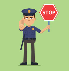 Illustration of a confident policeman holding a stop sign. Traffic policeman isolated on abstract background, police officer. Flat style vector illustration