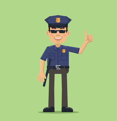 Illustration of a cheerful policeman wearing sunglasses and showing thumb up gesture. Police officer isolated on abstract background. Flat style vector illustration