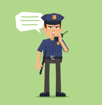 recommend clip art: Illustration of a policeman talking on a walkie-talkie. Police officer isolated on abstract background. Flat style vector illustration