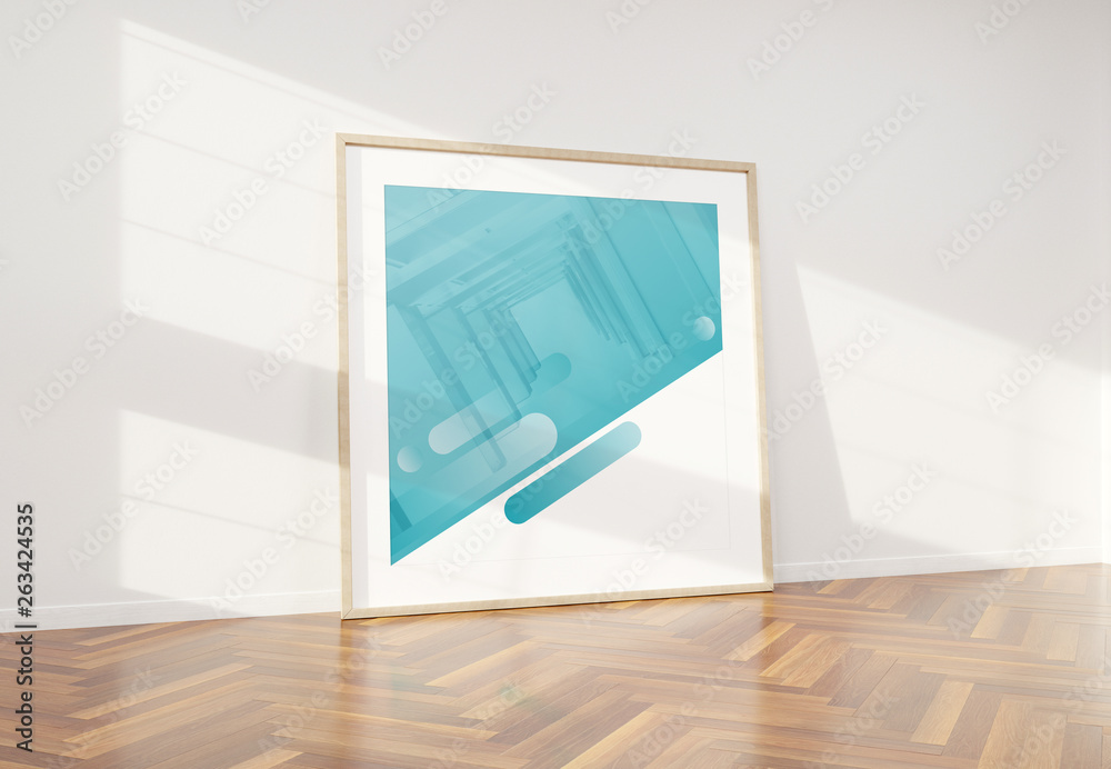 Wall mural wooden frame leaning in bright white interior with wooden floor mockup 3d rendering