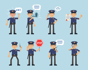 Set of policeman characters posing in different situations. Cheerful policeman talking on cellphone, holding loudspeaker, gun, stop sign, document, magnifier, angry. Flat style vector illustration