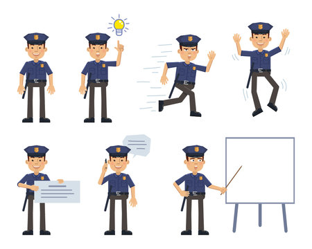 Set of policeman characters posing in different situations. Cheerful police officer running, jumping, pointing up, talking on phone, instructing, holding banner. Flat style vector illustration
