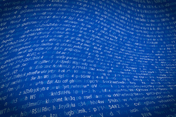 Abstract complicated crypto symbols twisted on blue, data encryption binary code concept