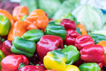 Fresh multicolored sweet peppers sold on the market