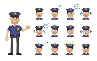 Set of policeman emoticons. Police officer avatars showing different facial expressions. Happy, sad, smile, laugh, cry, tired, surprised, in love and other emotions. Flat style vector illustration