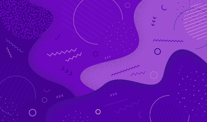 Creative vector illustration of purple  in memphis 80s-90s style. Abstract graphic pattern overlay colorful spotty of geometric shape. EPS 10.