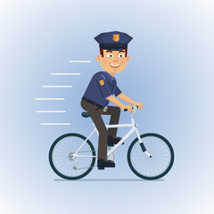 Illustration of a police officer riding a bicycle. Detective, policeman, inspector. Flat style vector illustration