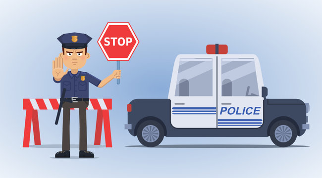 Illustration Of A Traffic Policeman Holding A Stop Sign And Standing In Front Of Police Car. Detective, Inspector, Roadblock. Police Officer Blocked The Road. Flat Style Vector Illustration