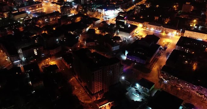 Timelapse. Aerial View. Rivne Landmark Downtown  with Traffic Flow at Night, Ukraune