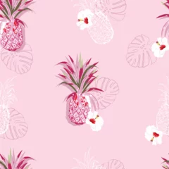 Summer sweet seamless pattern of pineapple and hibiscus exotic flowesr in hand drawn line style design for fashion,fabric,wallpaper,web,and all prints
