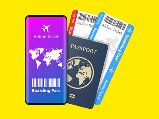 Concept for buying tickets online Airline tickets and passport. Vector illustration