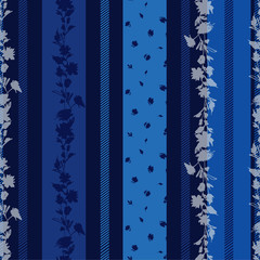 Monotone blue Seamless pattern with delicate Floral  with stripes amd pattern small flowers mixed wallpaper.