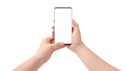 Female hands holding modern smartphone, isolated on white background. Mockup