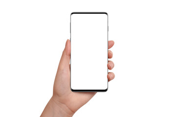 Hand holding modern phone, isolated on white background. Mockup for presentation