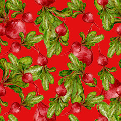 Watercolor Vegan Pattern. Seamless Hand Drawn  Vegetables. Healthy Food Print. Gardening Background. Greenery Repeatable Design for Menu, Restaurant, Salat Bar, Farmers Market. Beetroot. Vegetarian.