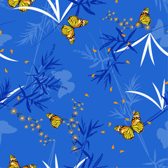 Seamless pattern Floral with oriental butterflies in the bamboo garden.Hand drawn Vector illustration. Design for fashion,fabric, wallpaper ,web and all prints
