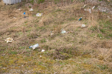 Garbage dump on the grass near the forest ecological disaster concept polluting nature and city park with litter and junk