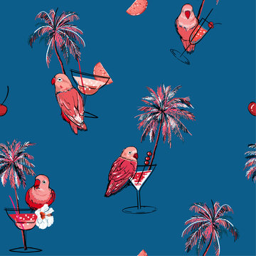 Tropical seamless pattern. Hand drawn palm trees, cocktail, pink parrots bird, summer birds on summer
