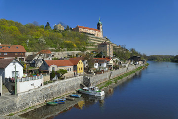 Aerial view of historic town Melnik and Labe River with boats, Czech Republic