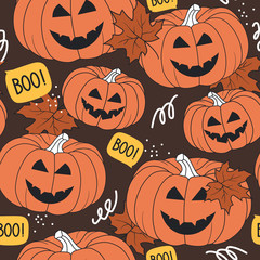 Seamless pattern pumpkins, Halloween day, maple leaves, hand drawn backdrop. Colorful illustration mood smiles. Background traditional holiday symbol. Trick or treat. Decorative wallpaper for printing