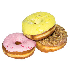Set of multicolored donuts with icing isolated on white background.