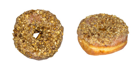 Set of donuts with peanuts and caramel icing isolated on white background.