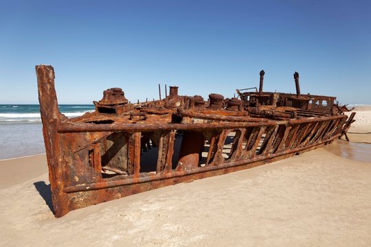 Wreck, luxury liner SS. Maheno, ran aground on the beach on 09.07.1935, 75 Mile Beach Road, official Highway, UNESCO World Heritage Site, Fraser Island, Great Sandy National Park, Queensland, Australia, Oceania