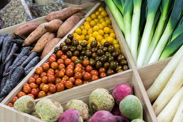 Fresh vegetables background close-up of tomatoes, cucumbers, onions 