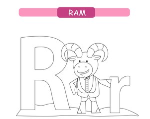 Letter R and funny cartoon ram. Animals alphabet a-z. Cute zoo alphabet in vector for kids learning English vocabulary. Printable sheet. Coloring page.