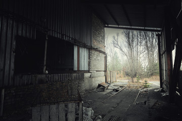 Fototapeta na wymiar Abandoned room in Pripyat cement factory, Chernobyl Exclusion Zone 2019
