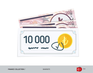 Bank check with 200 Turkish Lira Banknotes. Flat style vector illustration. Finance concept.