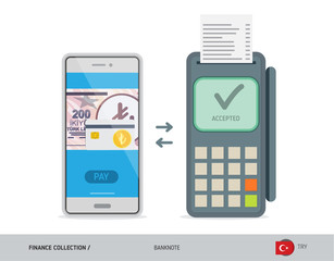 POS Terminal with 200 Turkish Lira Banknote. Flat style vector illustration. Finance concept.