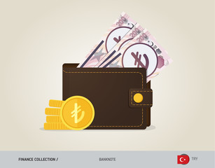 Brown leather wallet with 200 Turkish Lira Banknote and coins. Flat style vector illustration. Business concept.