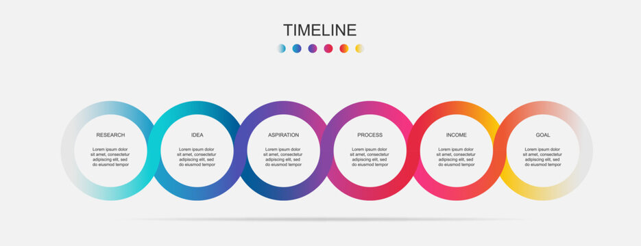 Business infographics. Timeline with 6 steps, options, circles. Vector chart.