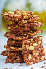 Homemade vegetarian (vegan) cracker flax seed and sunflower with tomato. Healthy gourmet snack. Proper nutrition, diet, superfood. Selective focus