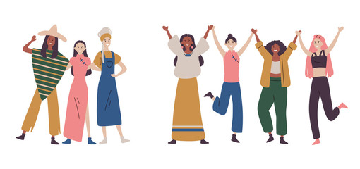 Happy women or girls standing together and holding hands