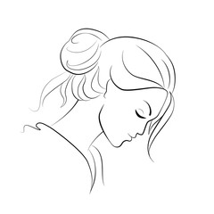 Woman young pensive face, black outline on white background