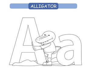 Letter A and funny cartoon alligator. Animals alphabet a-z. Cute zoo alphabet in vector for kids learning English vocabulary. Coloring page.