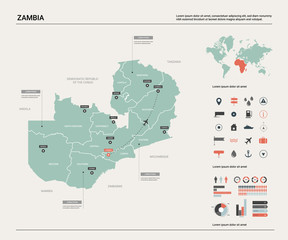 Vector map of Zambia.  High detailed country map with division, cities and capital Lusaka. Political map,  world map, infographic elements. - obrazy, fototapety, plakaty