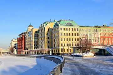 Yakimanskaya Embankment of the Vodootvodnogo Channel (Drainage Channel) in Moscow in January