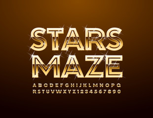 Vector Stars Maze Alphabet set. Golden sparkling Font. Luxury Uppercase Letters and Numbers