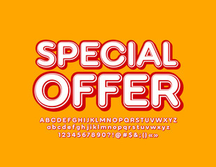 Vector trendy emblem Special Offer with retro style Font. 3D bright Alphabet Letters, Numbers and Symbols
