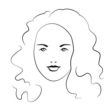woman face with curly hair, black outline on white background